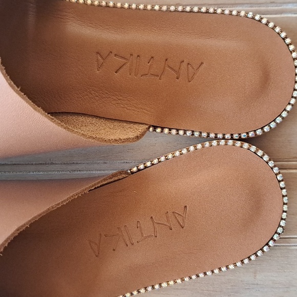 Antika Handmade Leather Cut Out Slide Rhinestone Trim Slip-On Flats Sandals - Picture 3 of 13